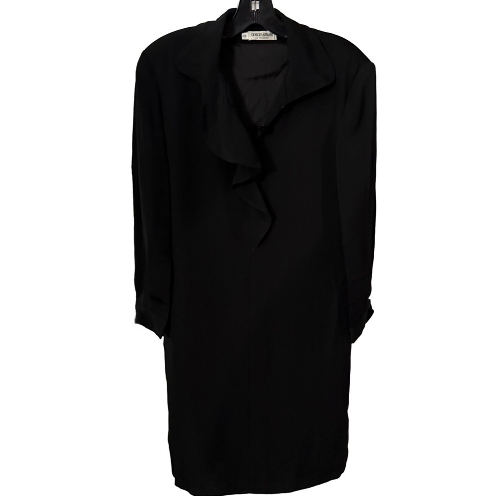 Giorgio Armani Italy Solid Black Dress Ruffle V-Neck Back Zip Size US 6 EU 40